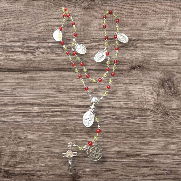 Elegant Silver Tone Red Yellow Beaded Necklace Rosary Jewelry Unisex Man Women - Picture 1 of 15